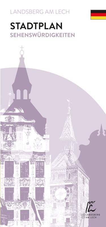 Titelbild eines Stadtplans von Landsberg am Lech mit Architekturabbildungen und der deutschen Flagge in der oberen rechten Ecke. Der Titel lautet „Stadtplan Sehenswürdigkeiten“ mit dem Logo der Stadt am unteren Rand.