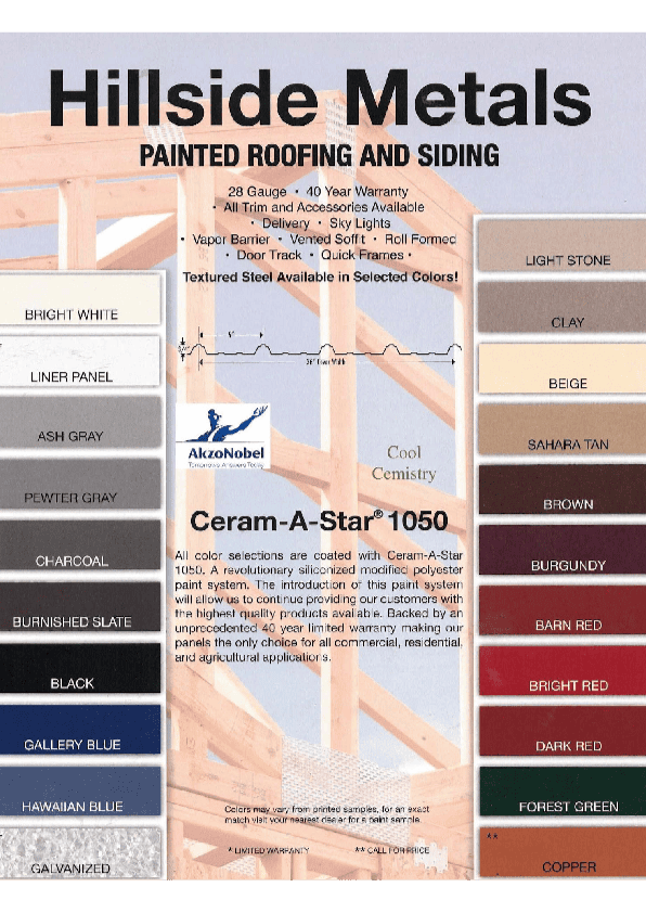 Hillside Metal color chart for painted roofing and siding, showing 16 available colors with warranty and product information.