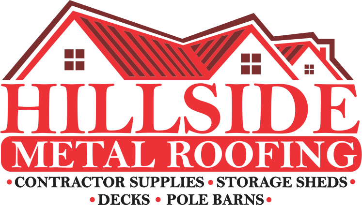 Hillside Metal logo showing the company name and what they offer, like roofing, sheds, and decks.
