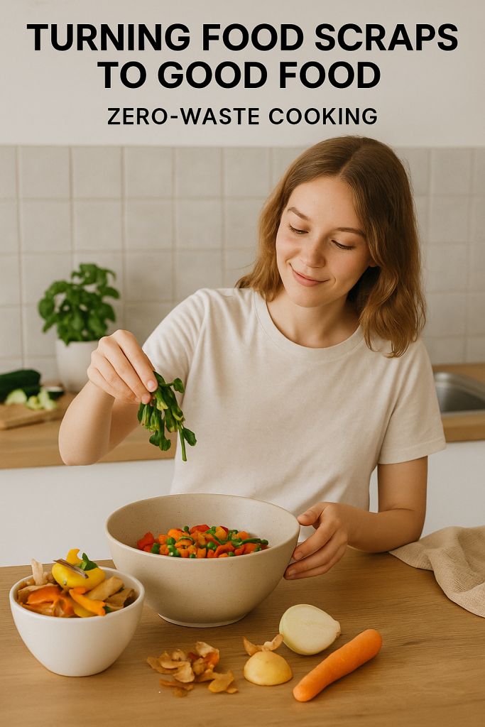 Creative zero waste cooking concept with food scraps transformed into meals
