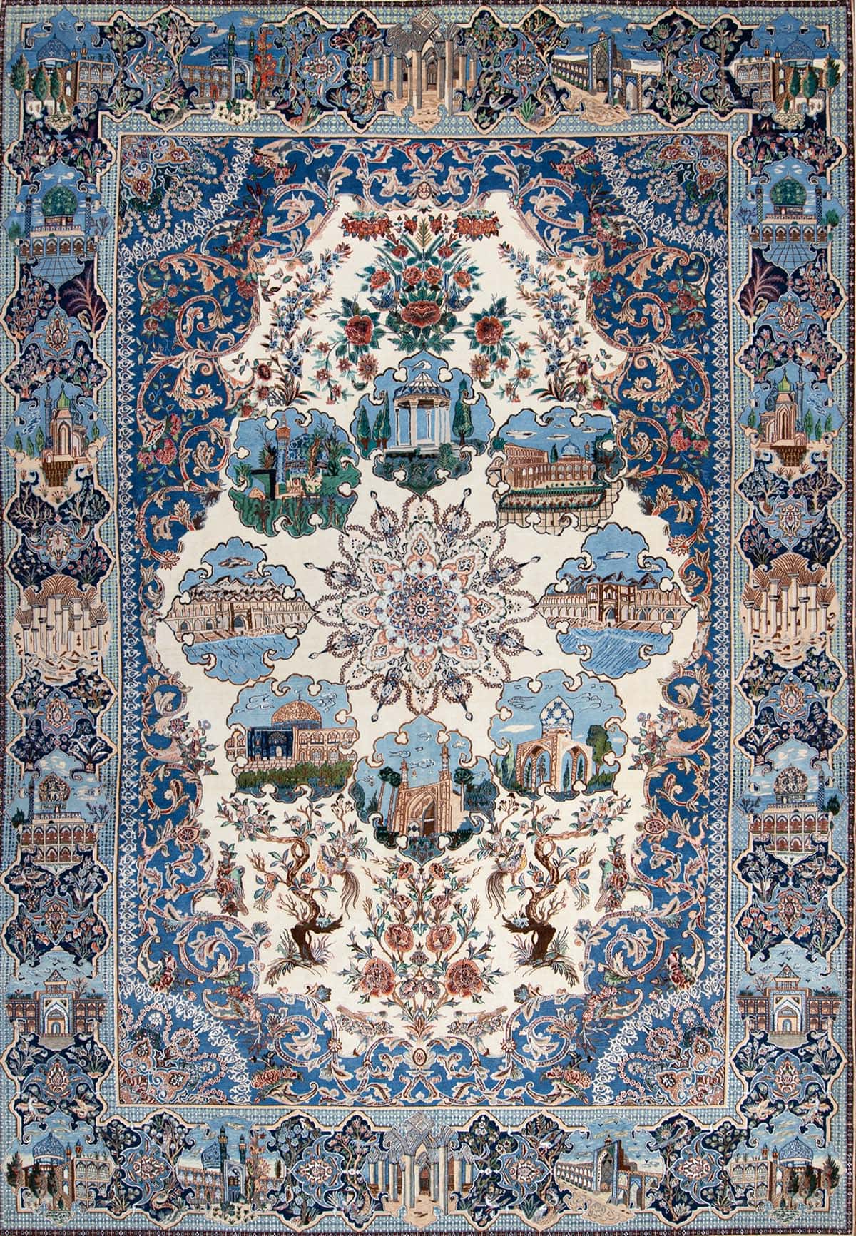 Persian Nain Rug | Wool And Silk Blue And Beige Persian Rug