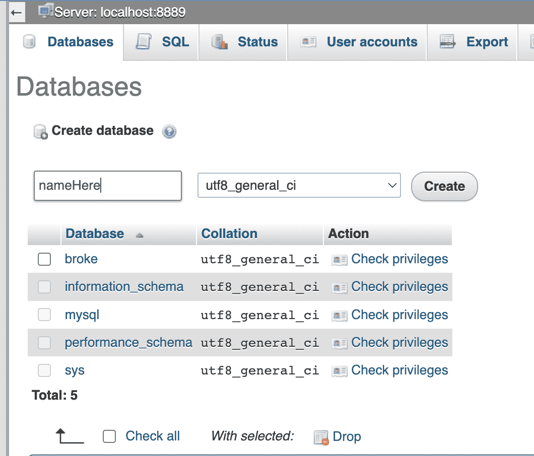 setting up database and rows with mamp website builder