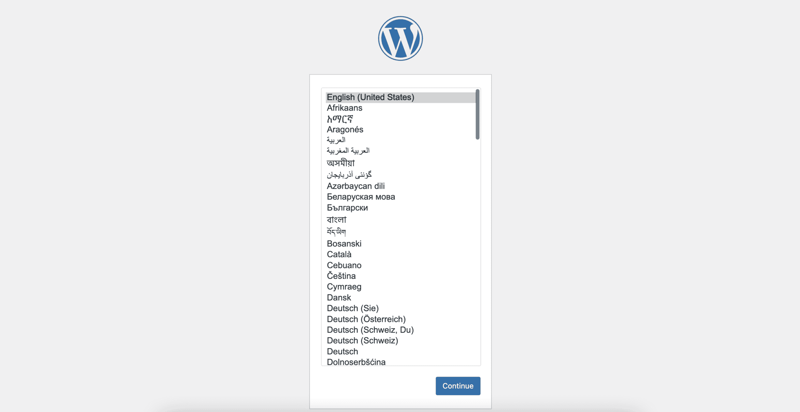 wordpress configuration installer screen to select language