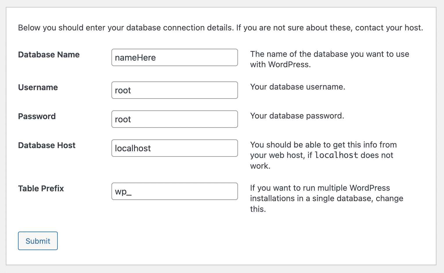 wordpress database connection setup wizard