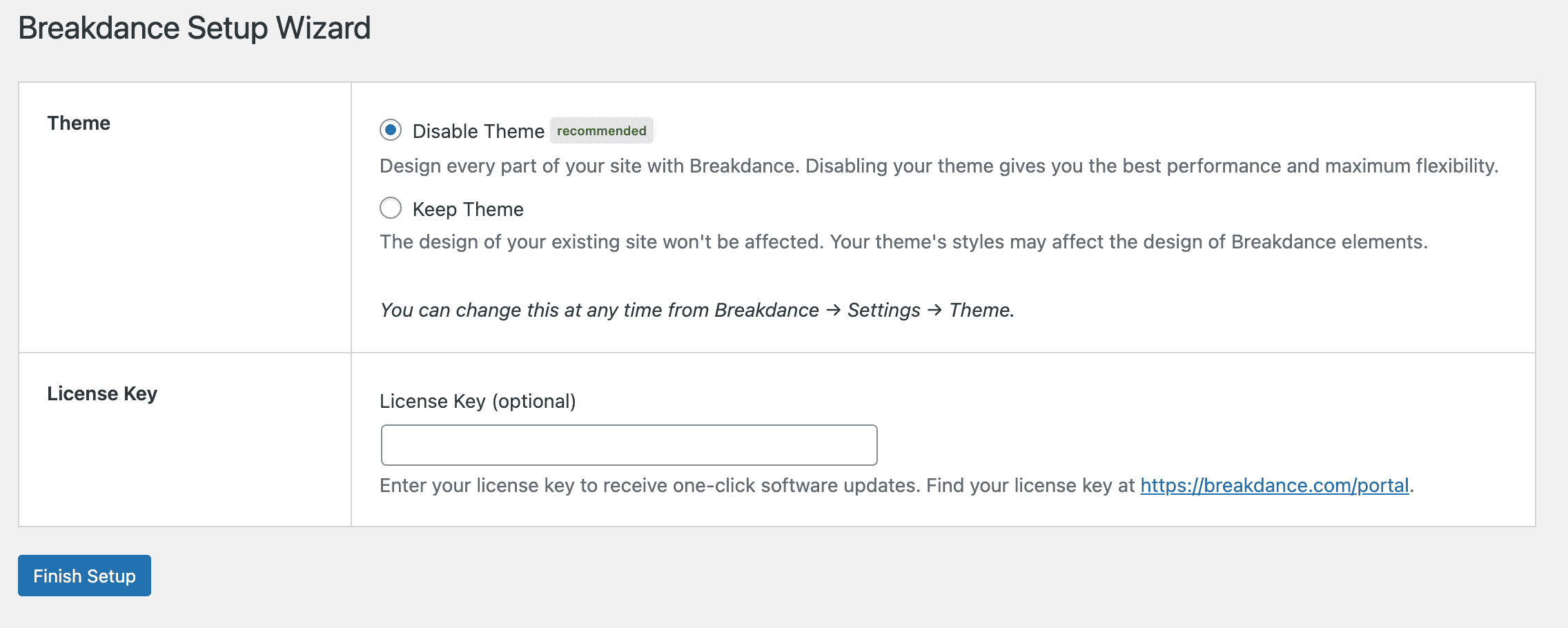 breakdance builder setup wizard disable or keep theme screen