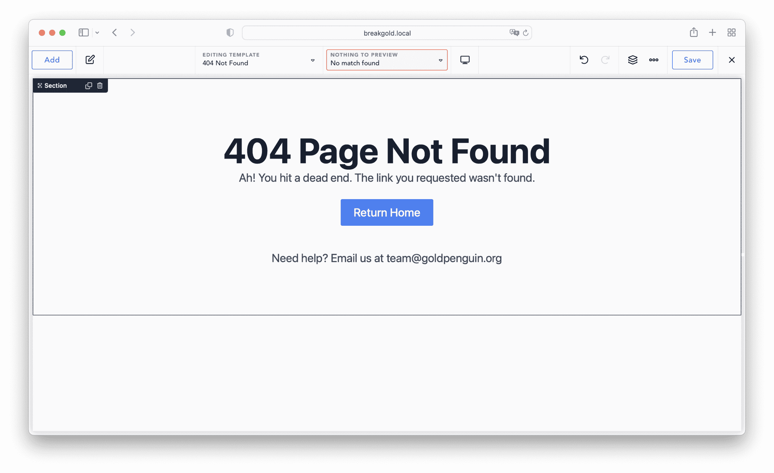 custom 404 template in breakdance with text and a button