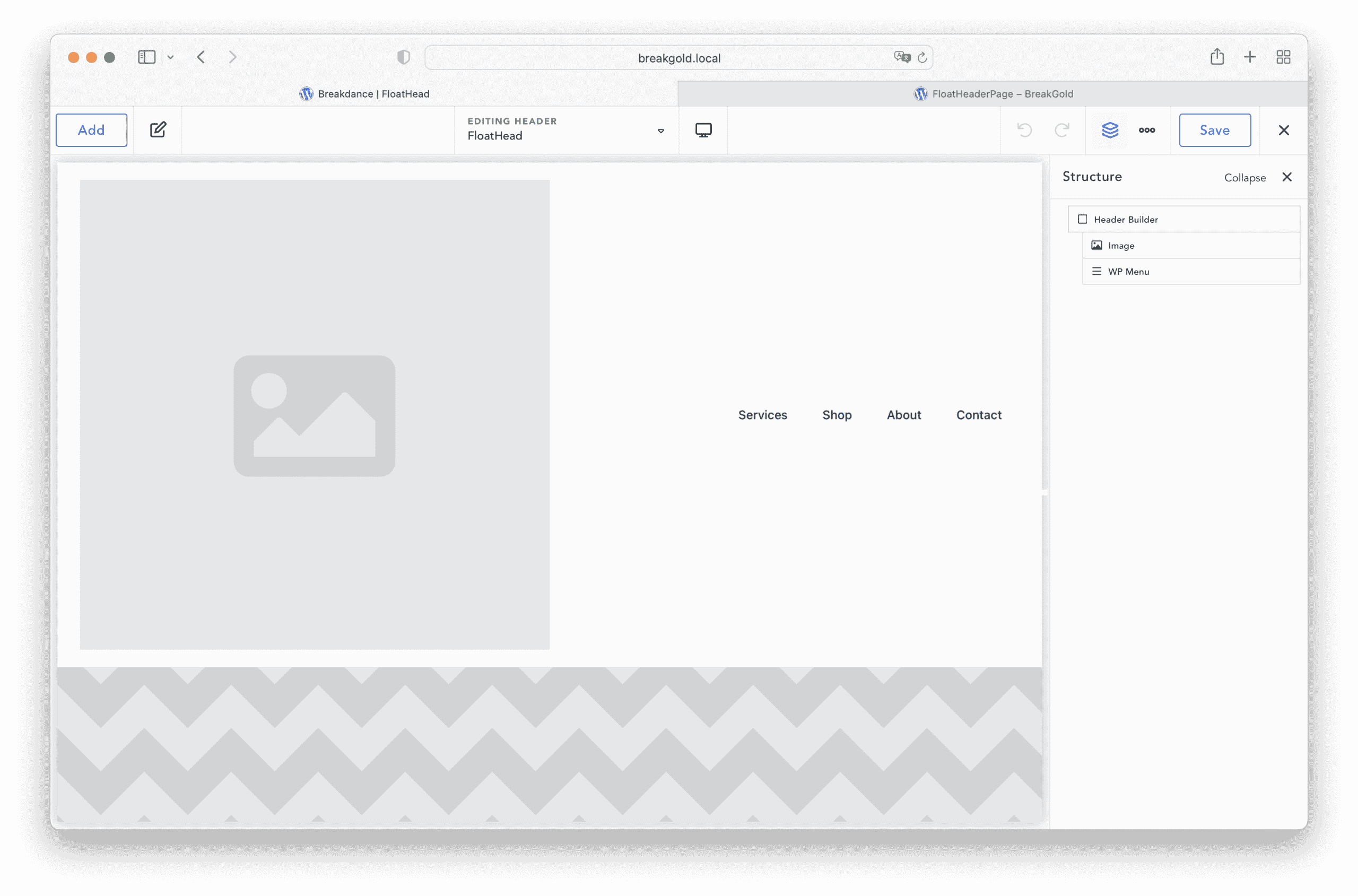 initial setup before adding image to header in breakdance
