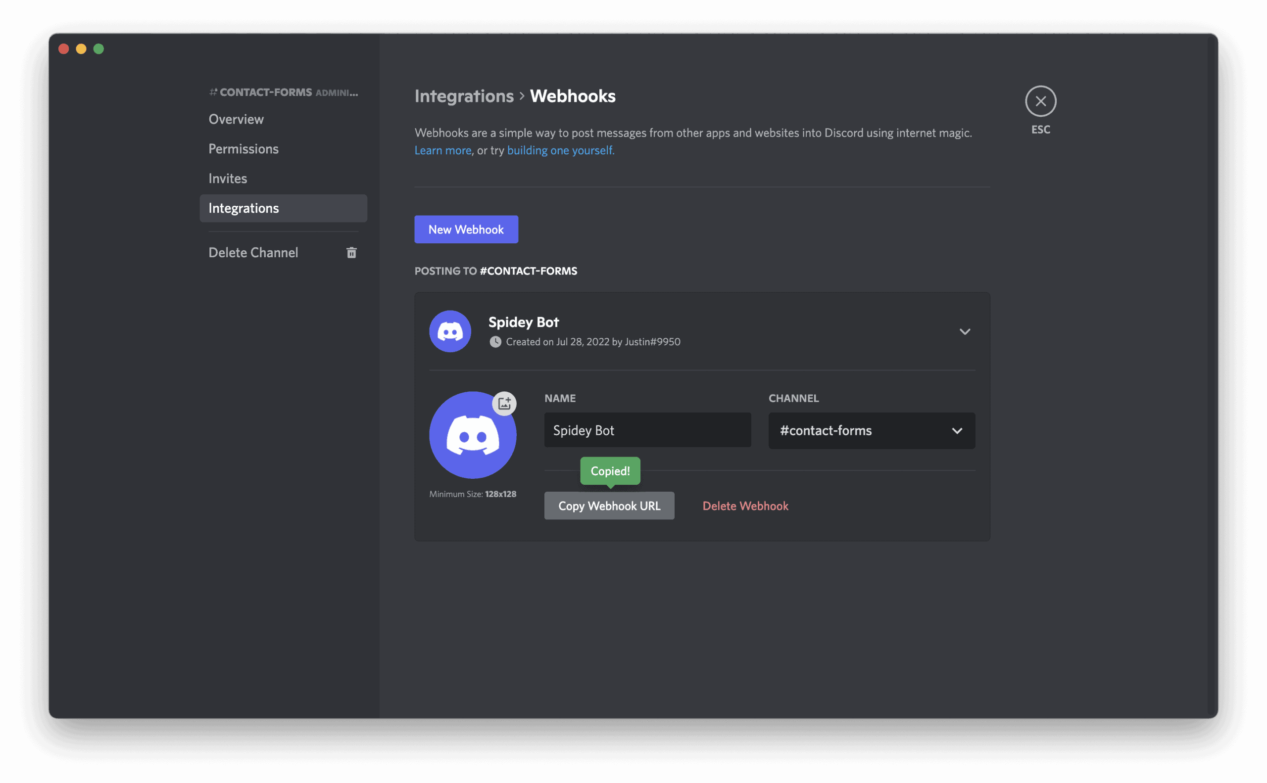 webhook url copy in discord