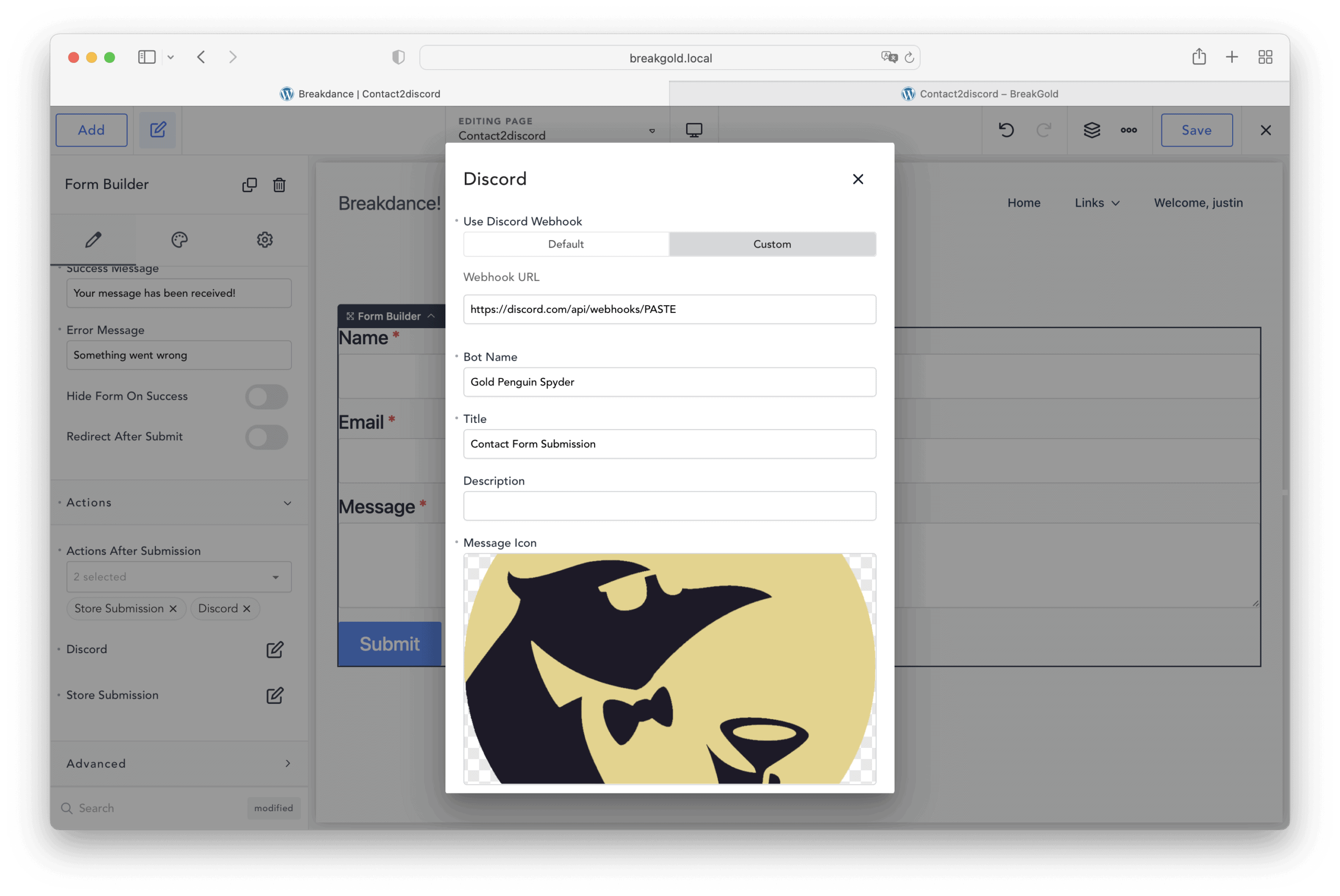 discord custom webhook integration with breakdance builder