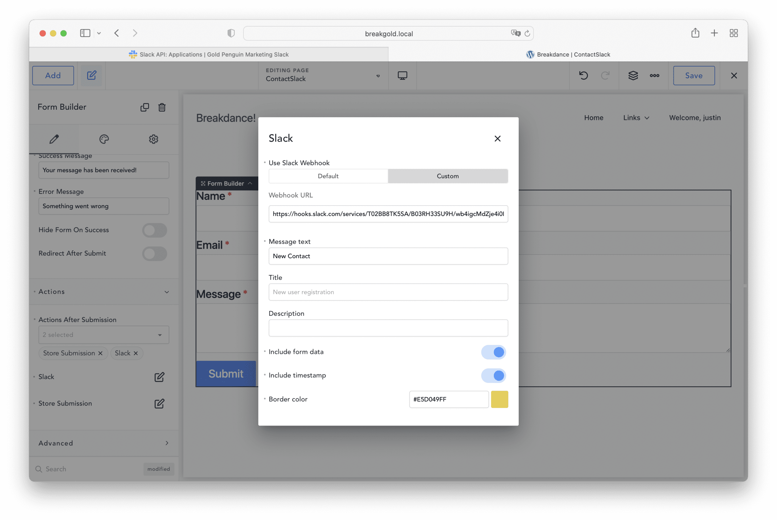 setting up slack webhook integration with breakdance