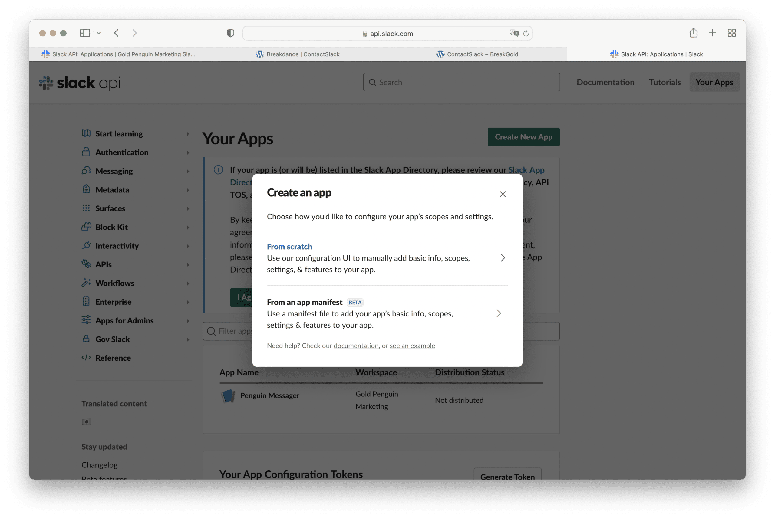 create an app from scratch in slack app api