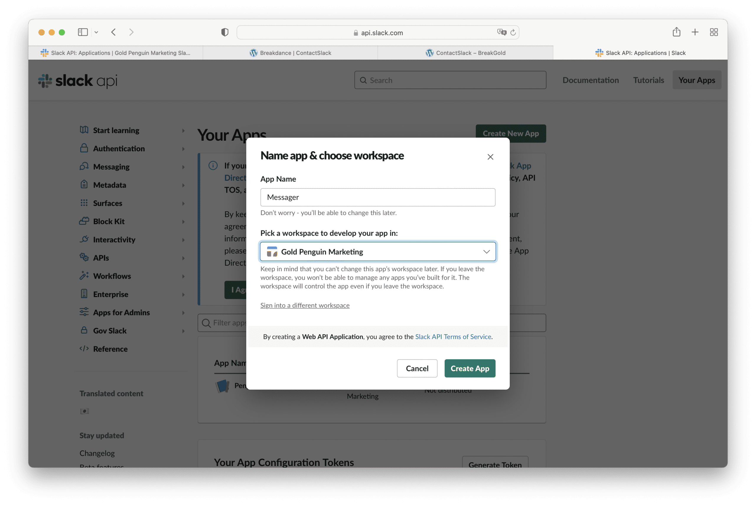 naming app and workspace in a slack application