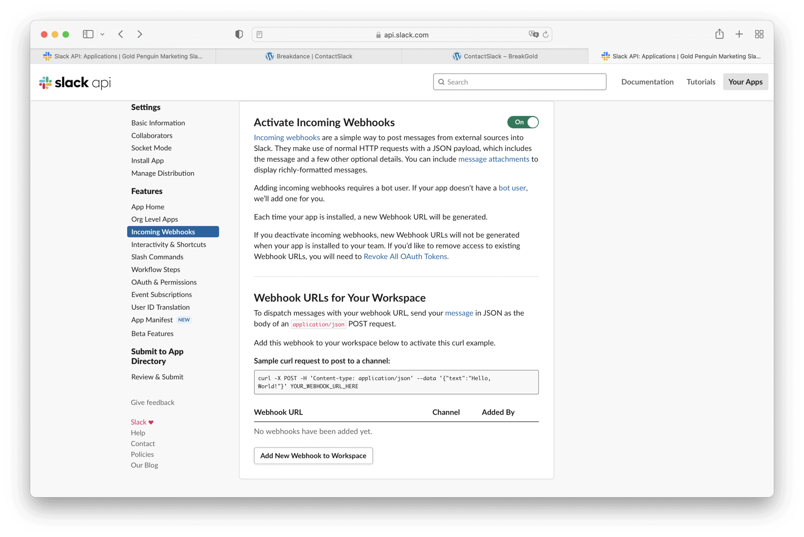 activate incoming webhooks in slack