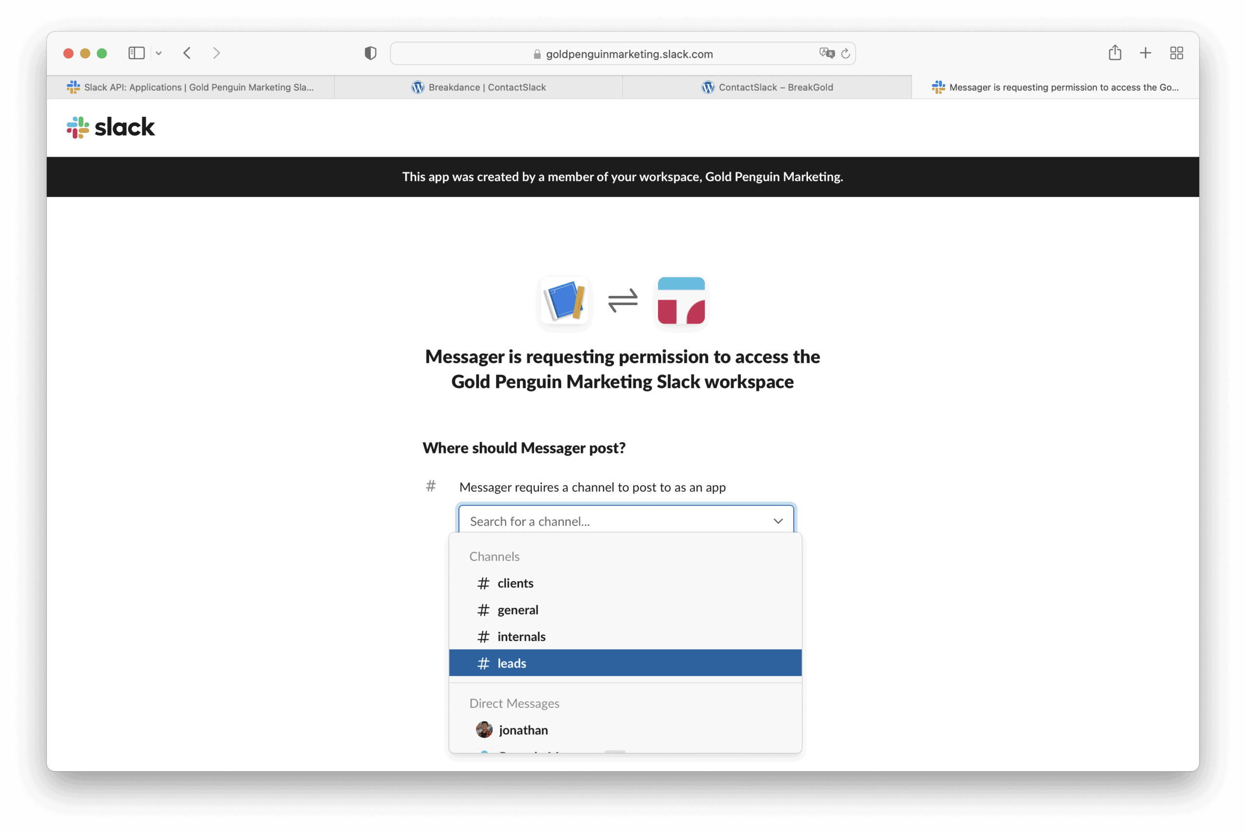 choosing channel to send contacts to in slack