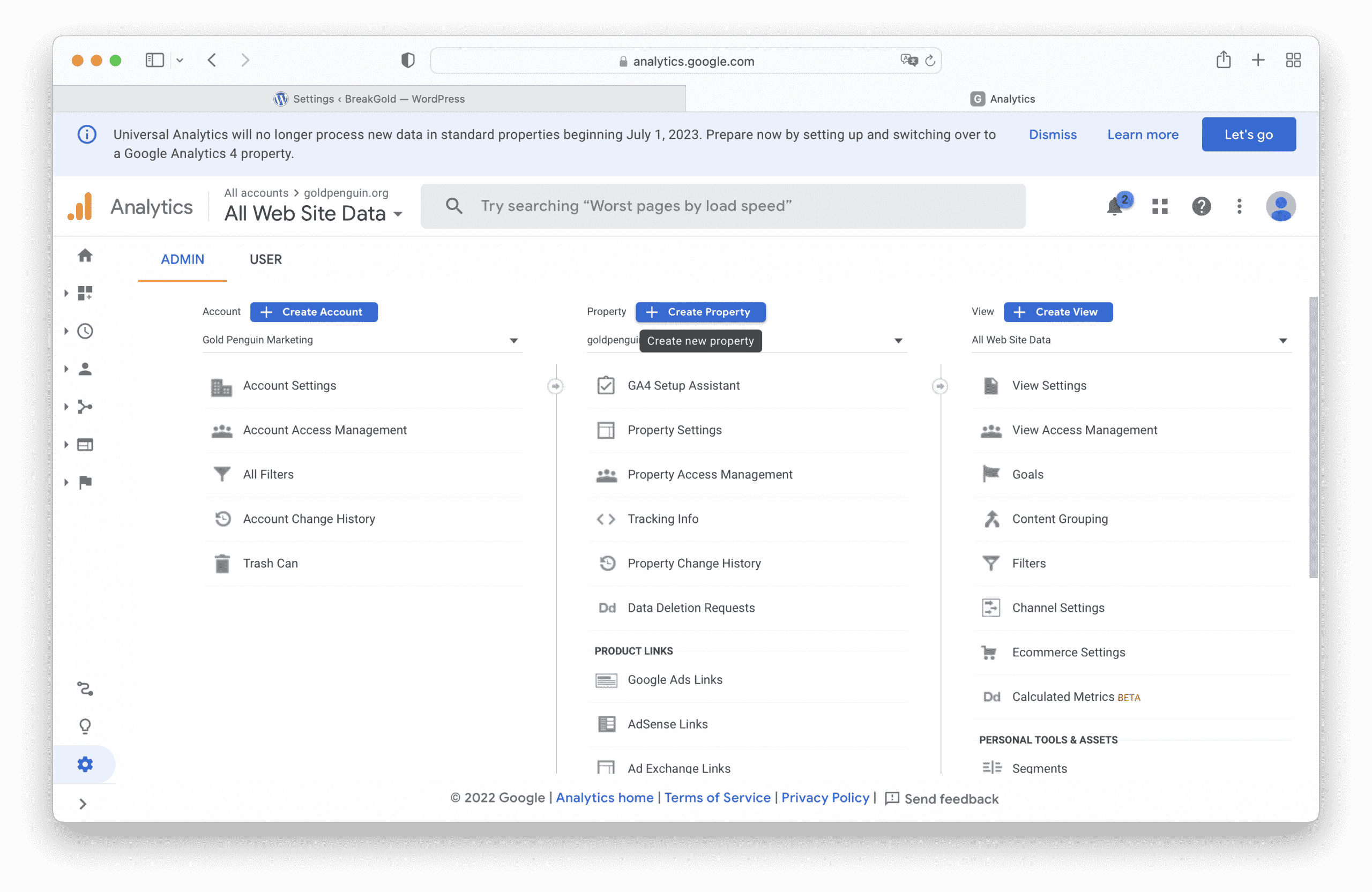 Google Analytics create new property section