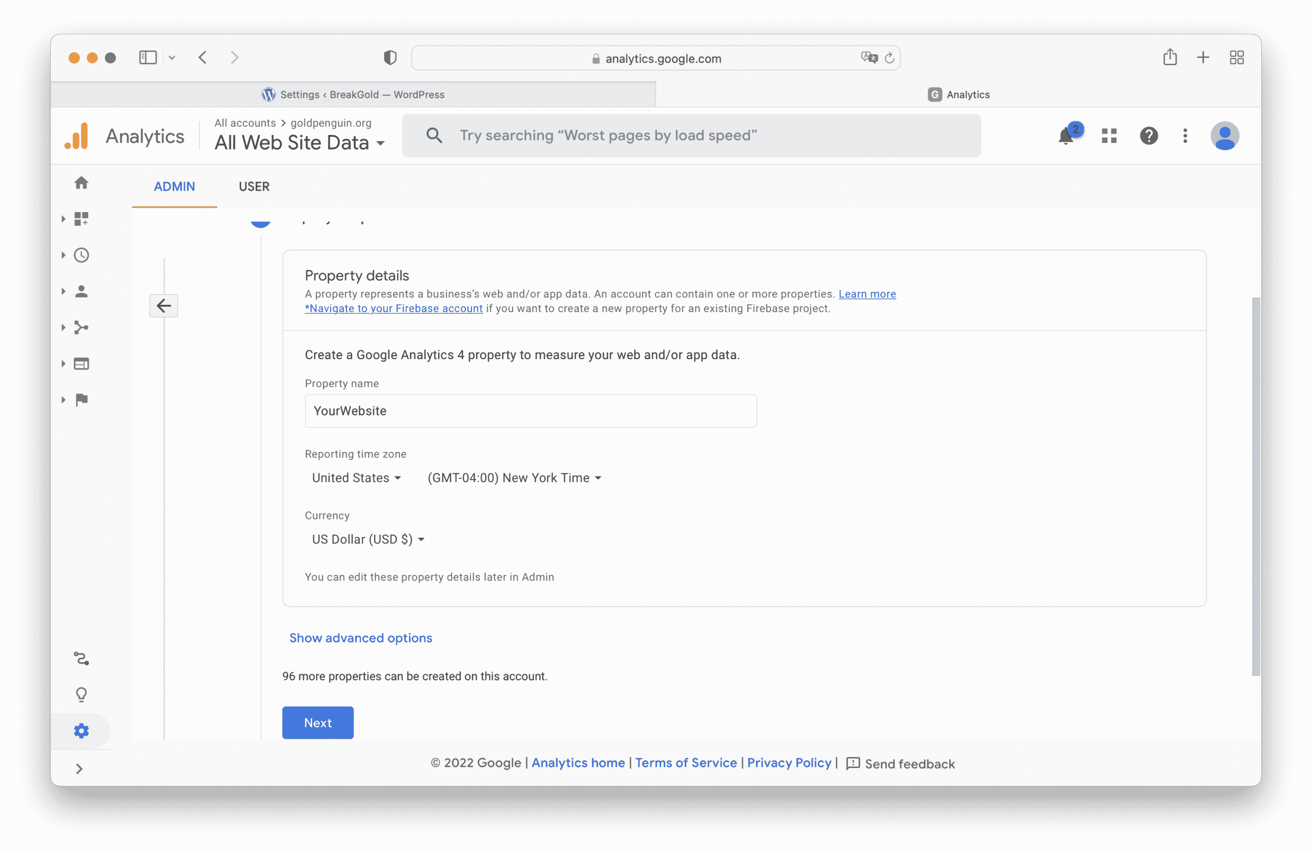 Google Analytics property name & configuration