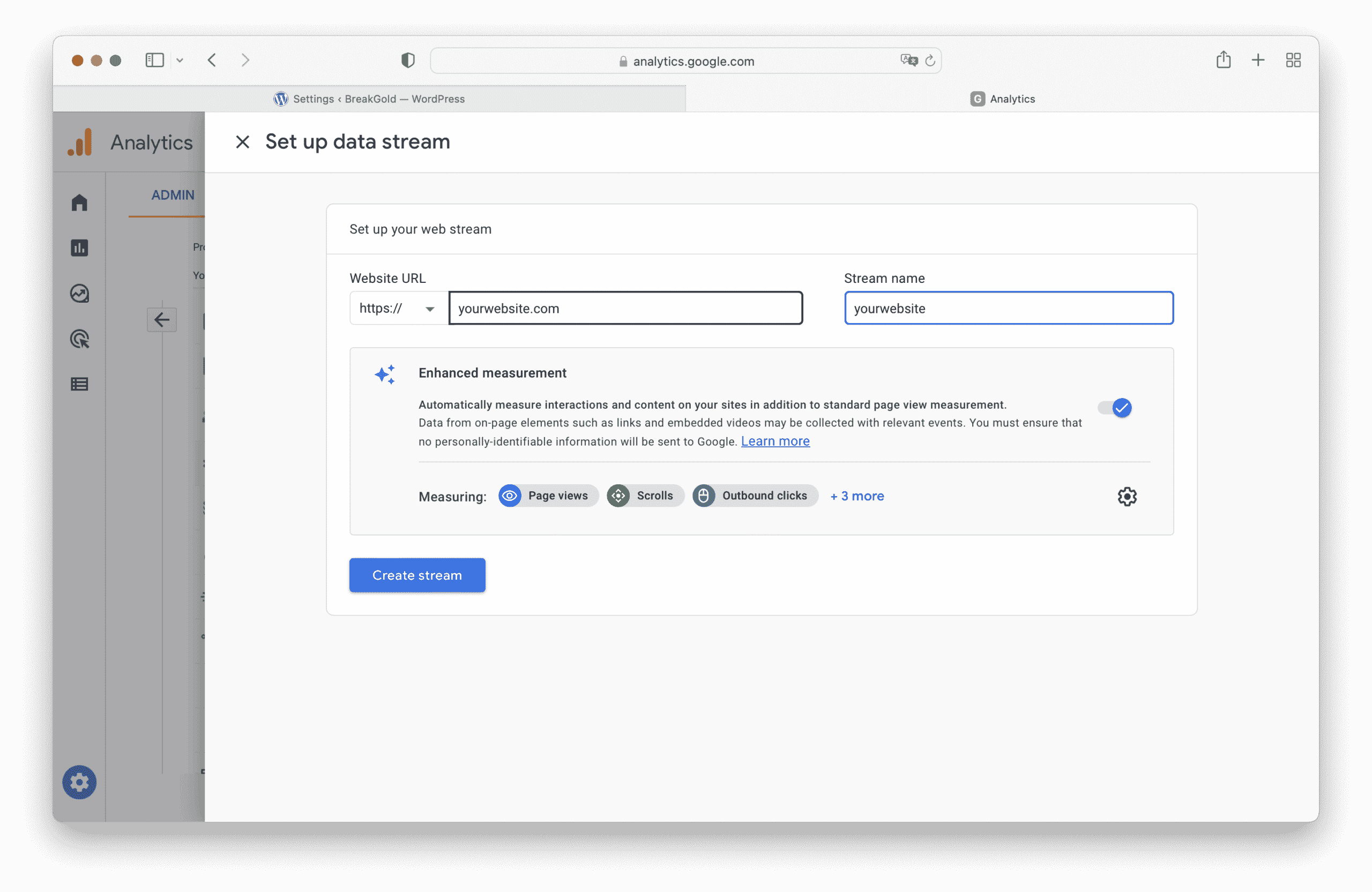 Google Analytics setting up data stream