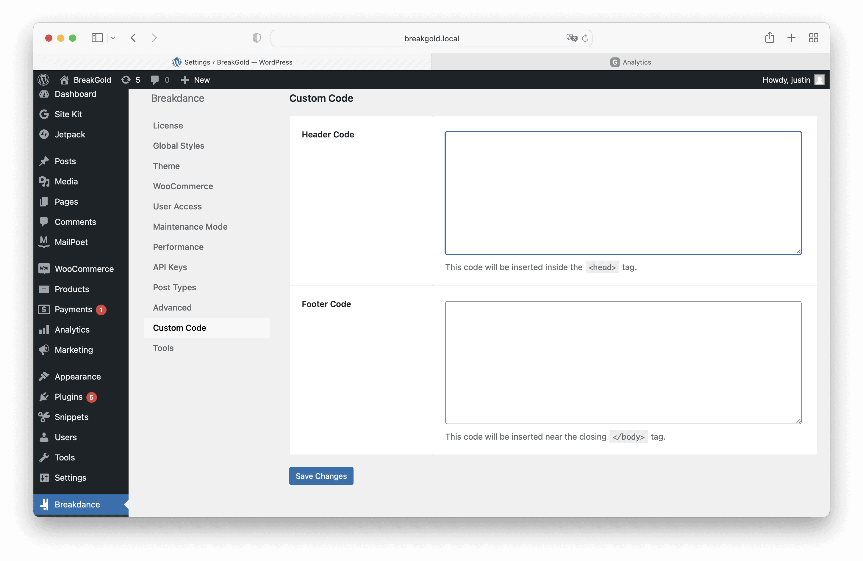 Breakdance Builder add custom header code for Google Analytics