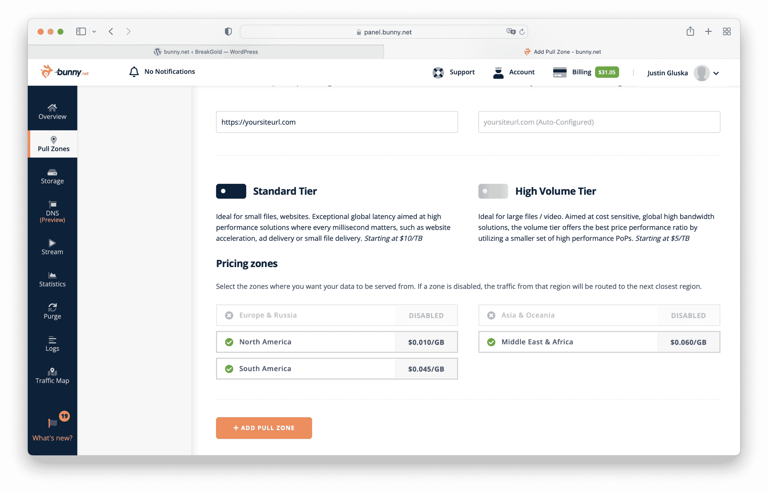 configuring bunny cdn pricing zones and locations for breakdance builder in wordpress