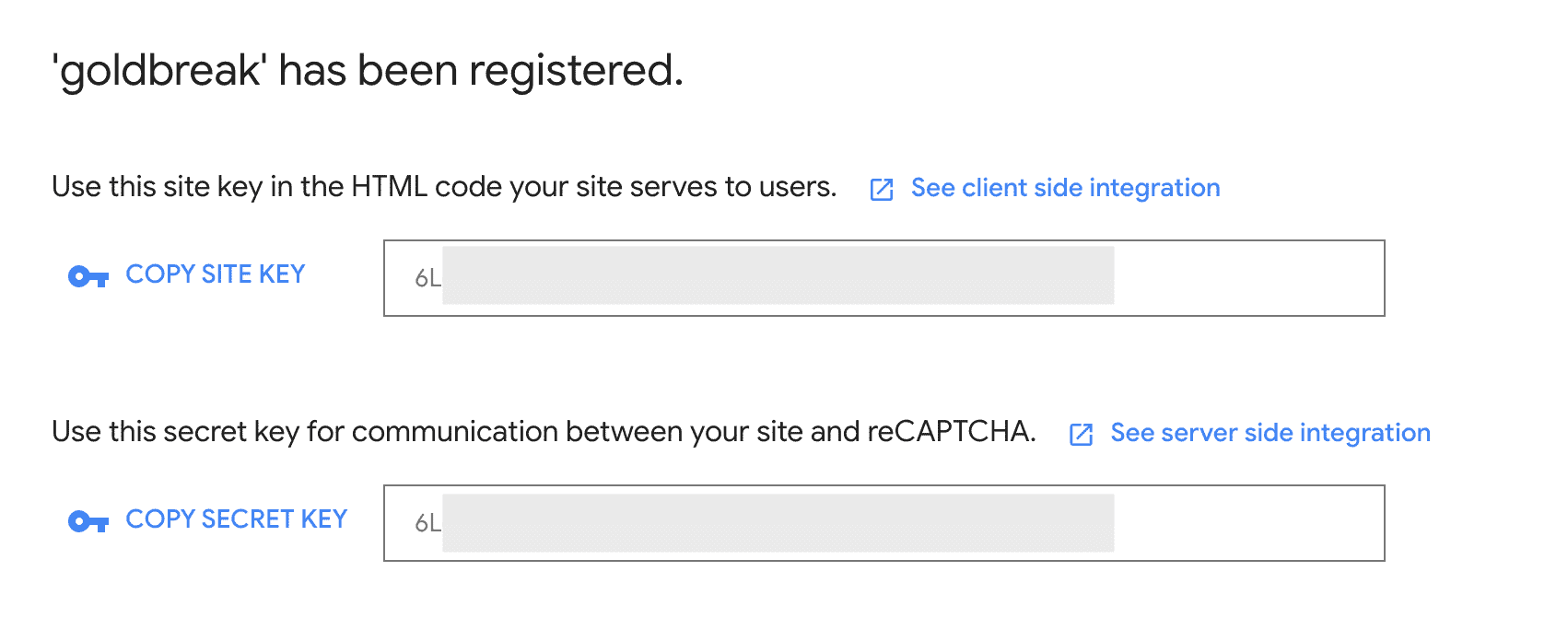 site and secret key for google recaptcha