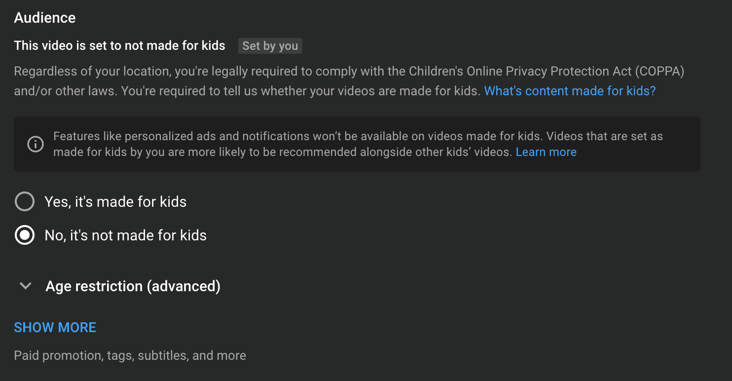 youtube audience setting
