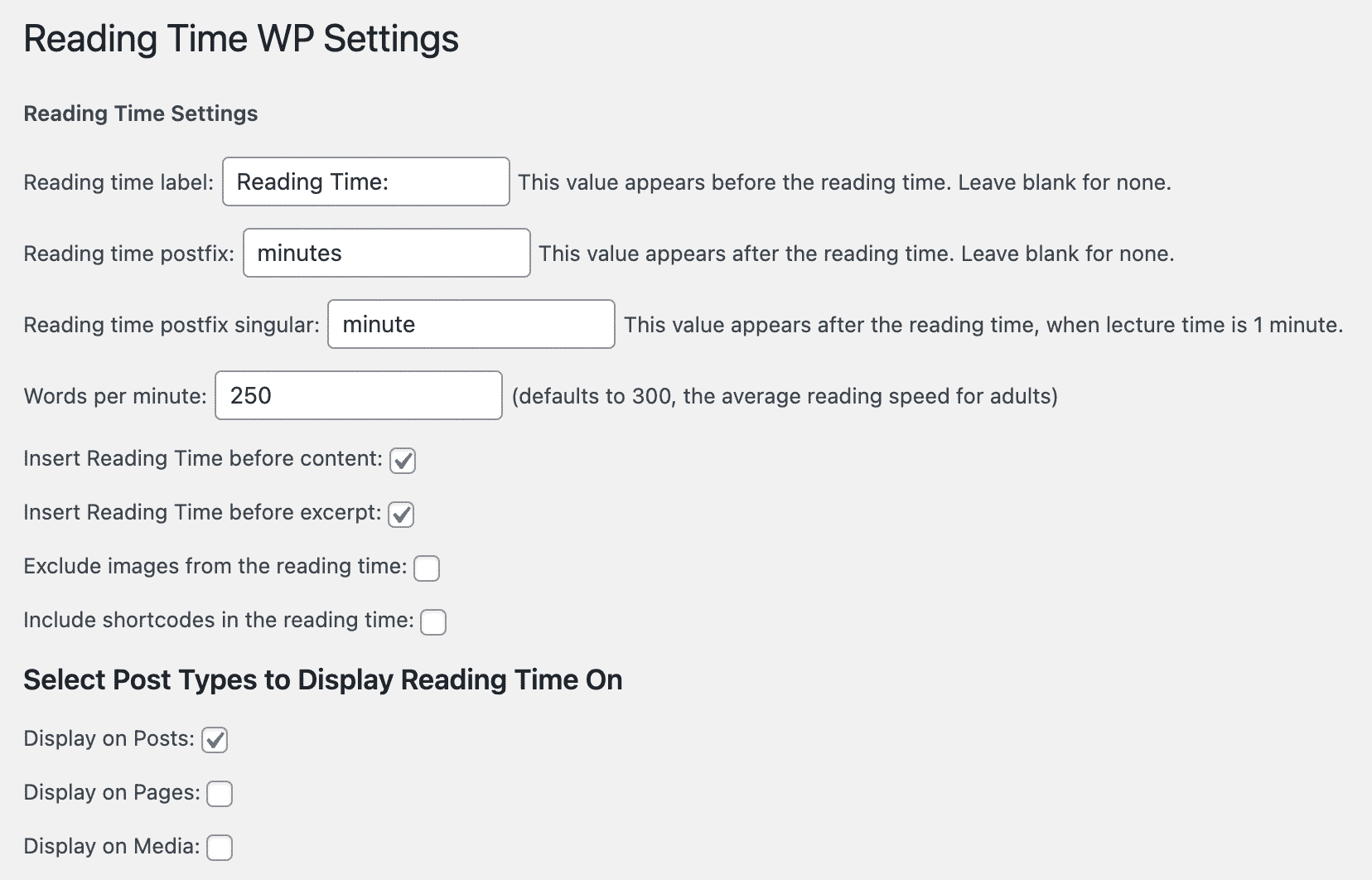 Default settings for Reading Time WP, a WordPress plugin