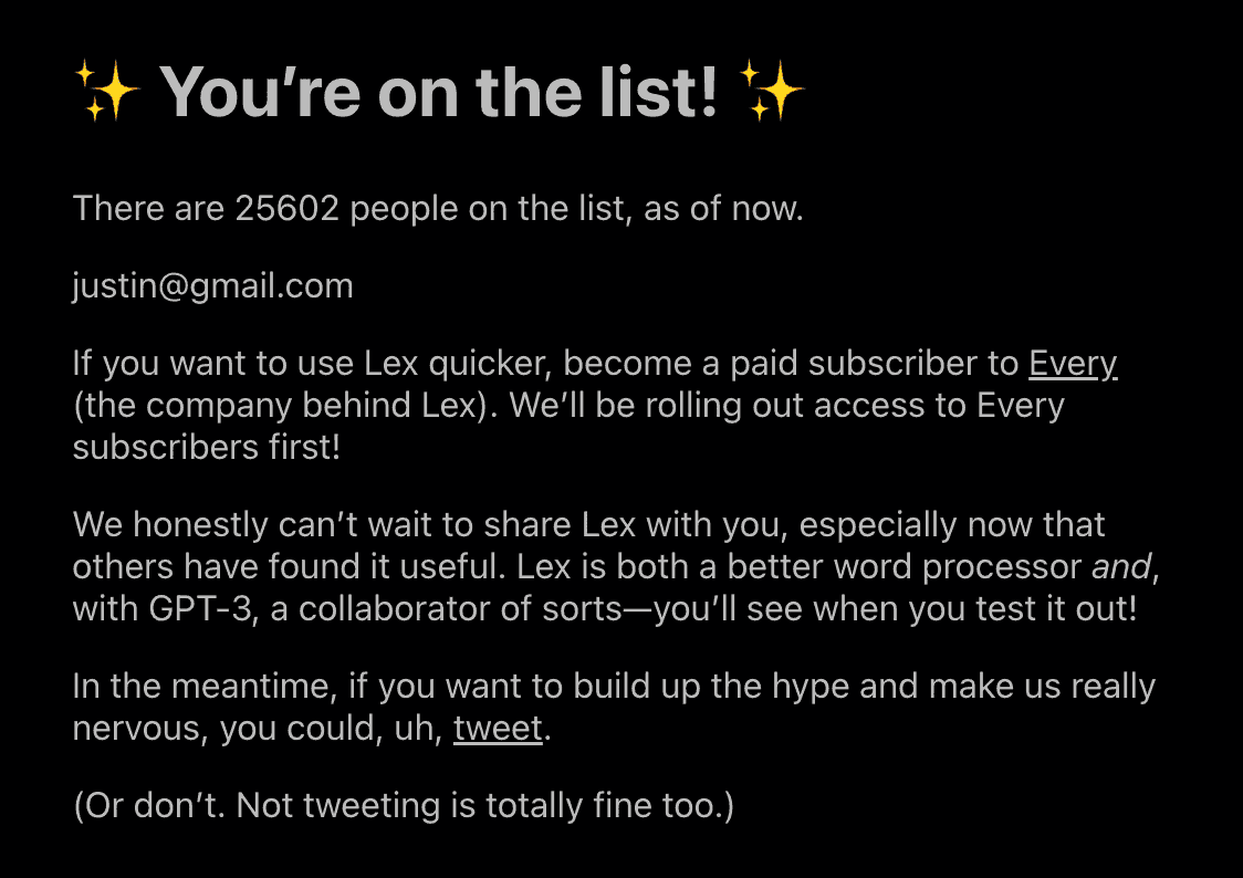 lex.page ai waiting list confirmation message