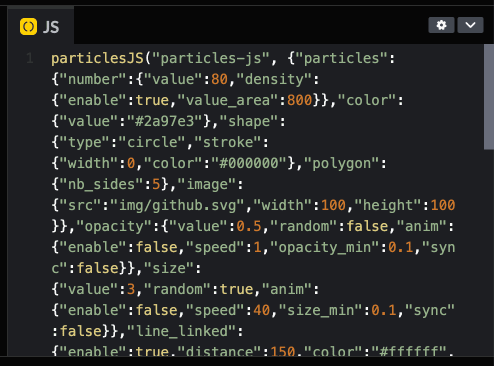 codepen javascript output example with particles-js as the first argument