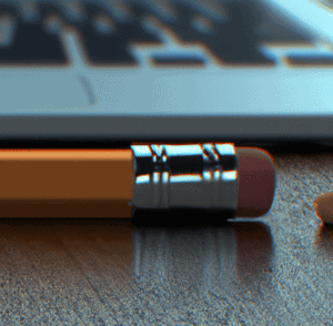 digital art of a pencil with an eraser sitting on a desk next to a closed macbook laptop in 4k