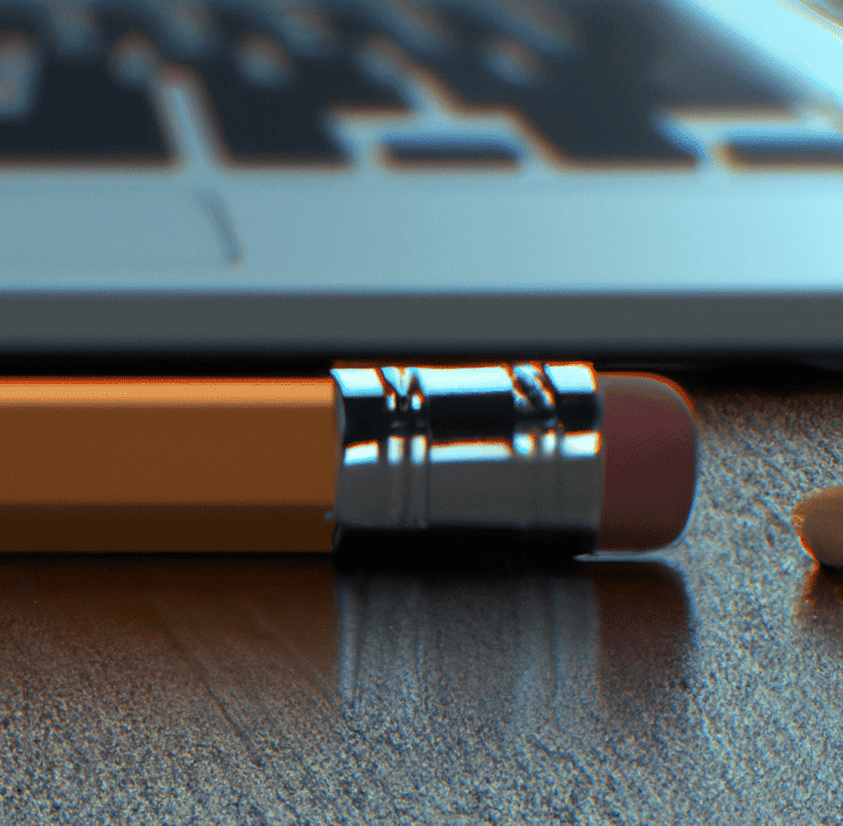 digital art of a pencil with an eraser sitting on a desk next to a closed macbook laptop in 4k