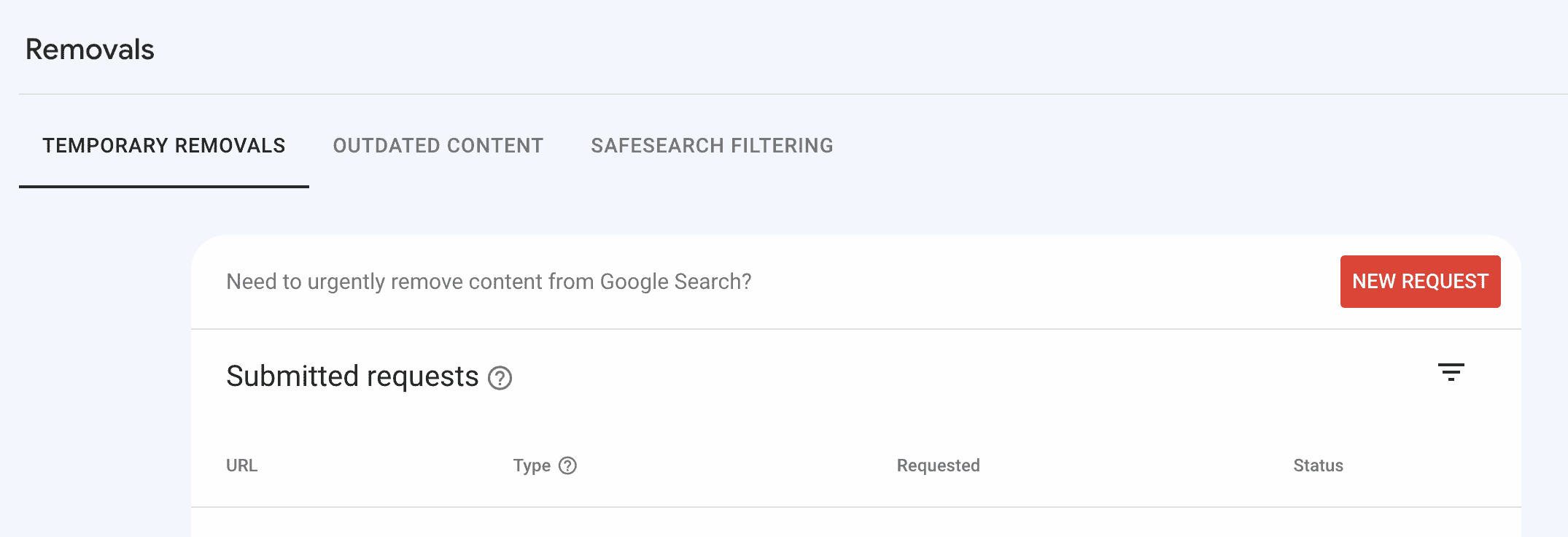 google search console page removal request screen