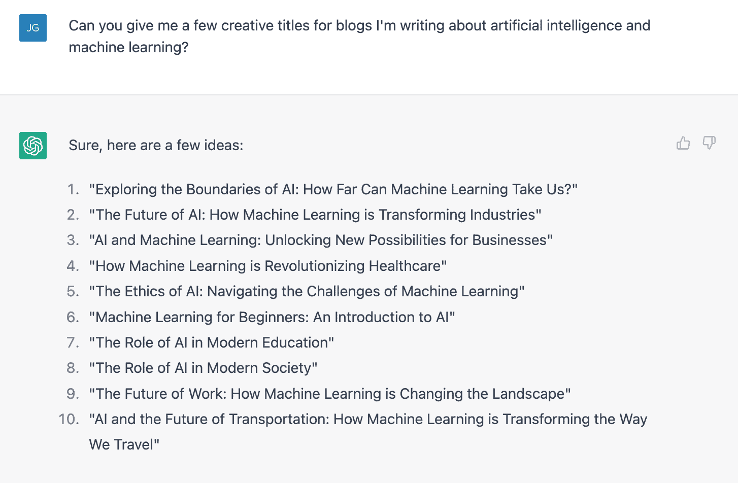 Asking ChatGPT to generate blog titles about artificial intelligence and machine learning
