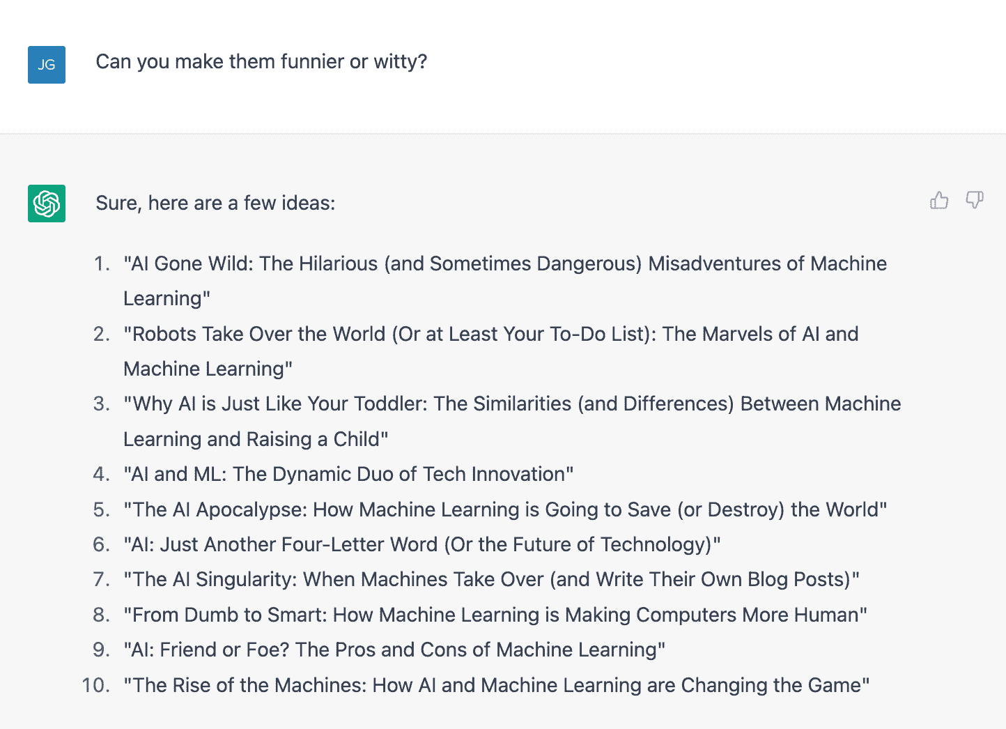 Asking ChatGPT to generate funny blog ideas about AI