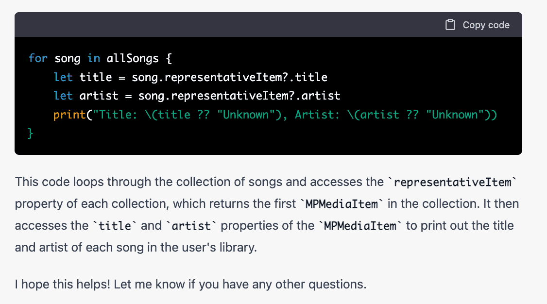 ChatGPT showing an example of code using the MPMediaLibrary class