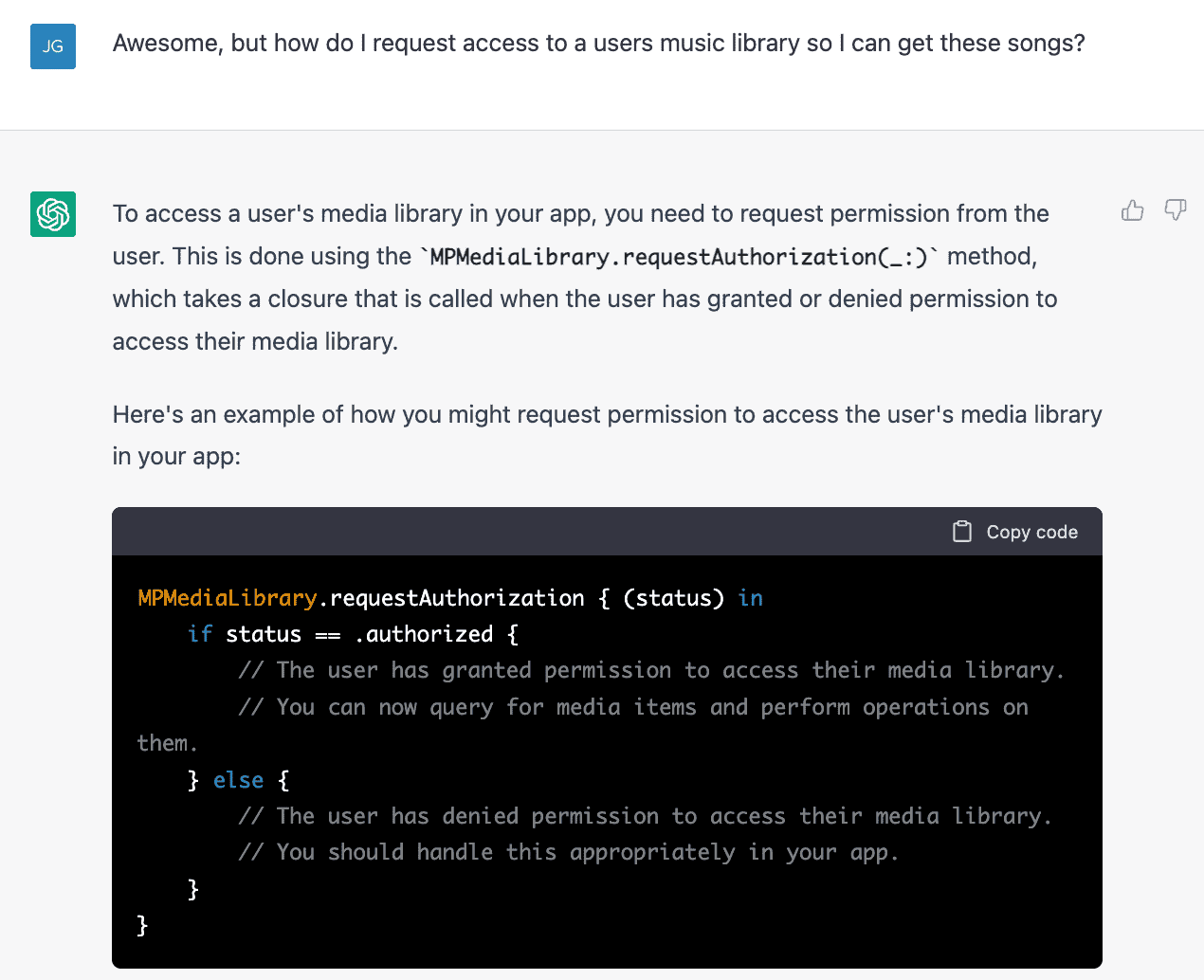 Asking ChatGPT to follow up about gaining permission to view a media library in the Swift Programming language