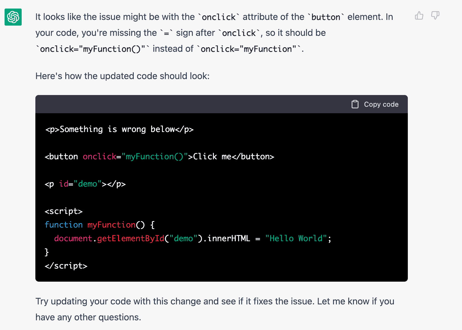 ChatGPT replying to a code fix question of how to fix my function call