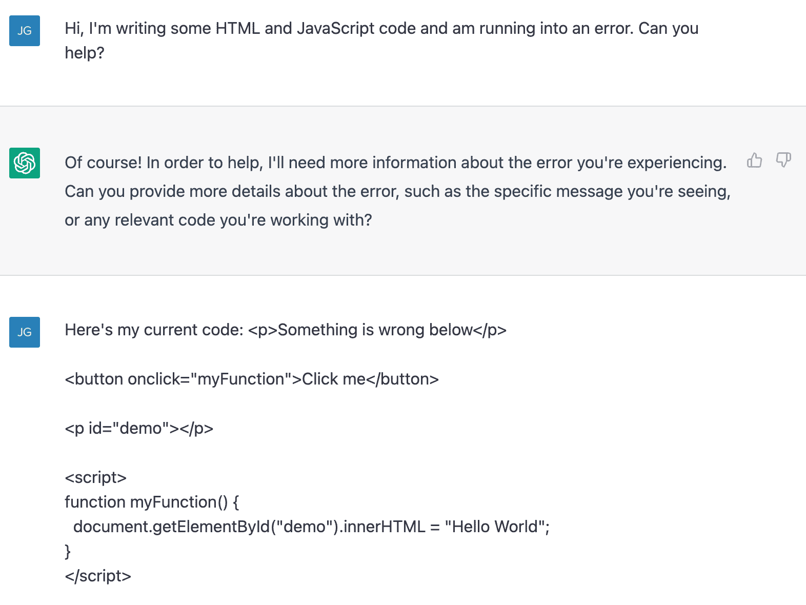 Asking ChatGPT to help me fix a bug in my JavaScript function