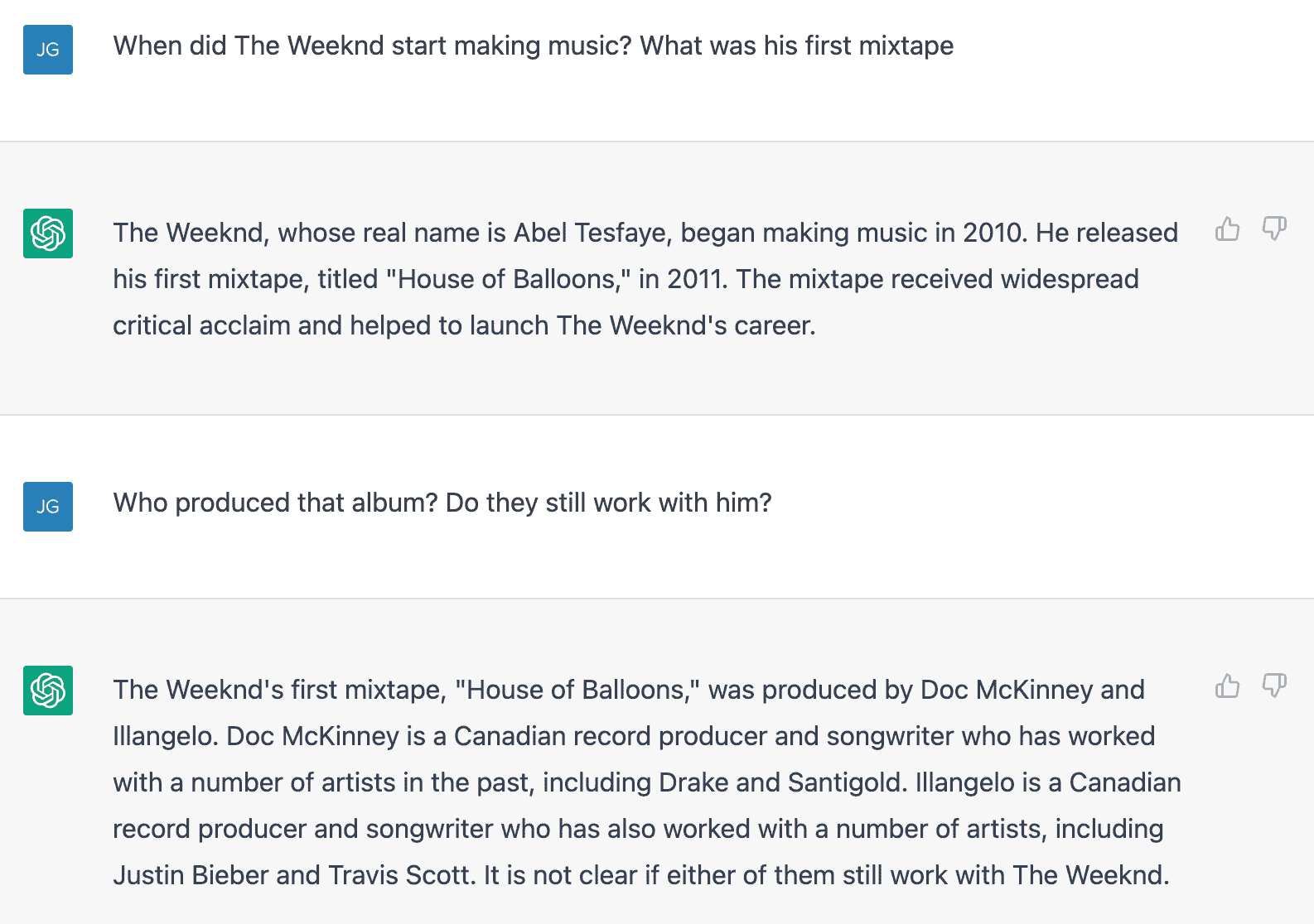 Asking ChatGPT for a history on the singer The Weeknd