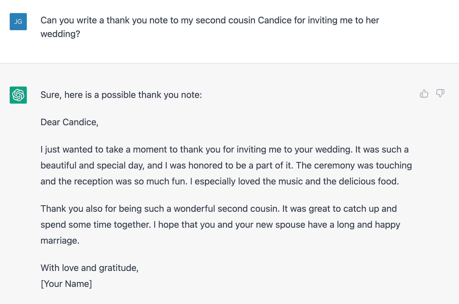 Asking ChatGPT to generate a thank you note for a wedding
