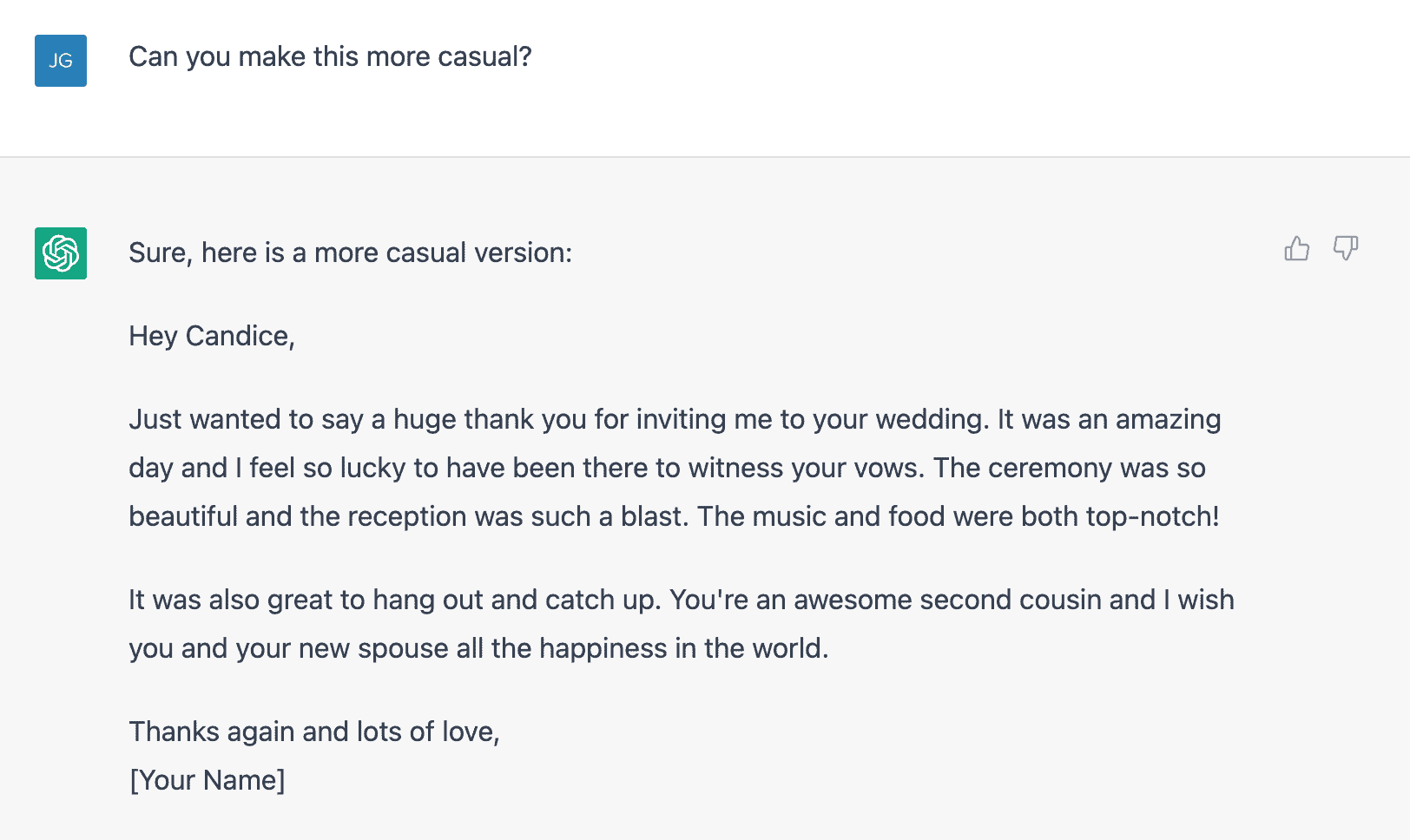 Asking ChatGPT to turn more formal looking text into a more casual one
