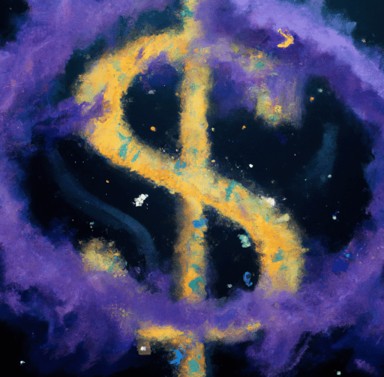 An expressive oil painting of a dollar money sign, depicted as an explosion of a nebula
