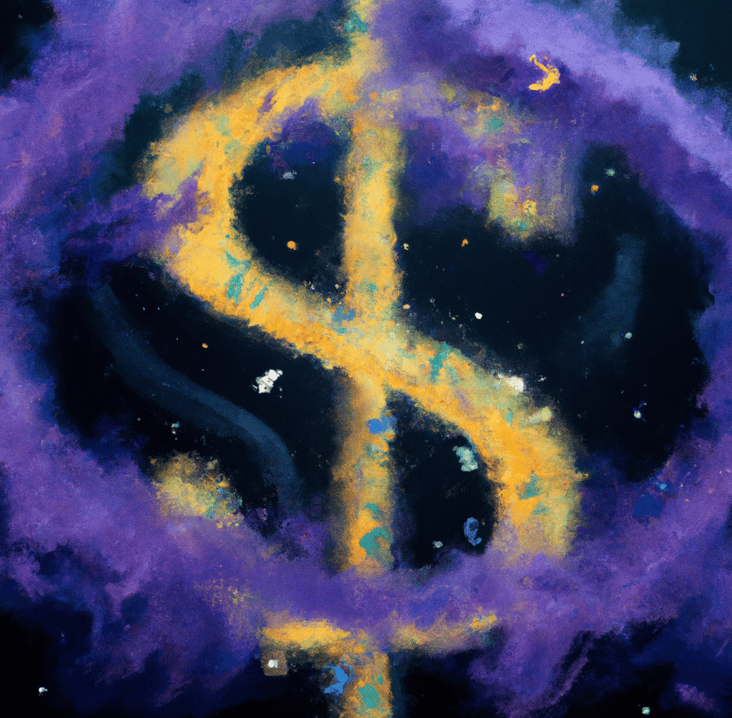 An expressive oil painting of a dollar money sign, depicted as an explosion of a nebula