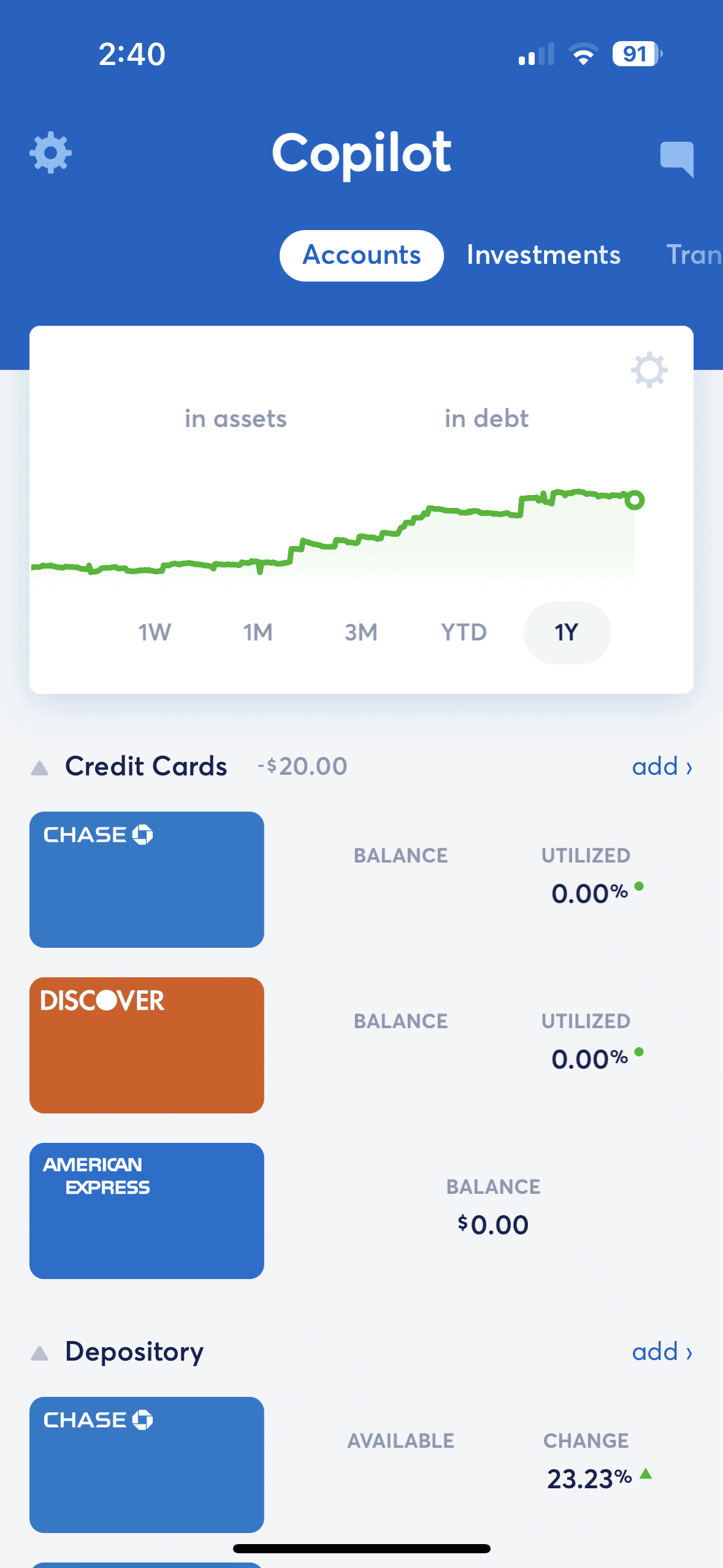 account overview listing several accounts in account screen on copilot app