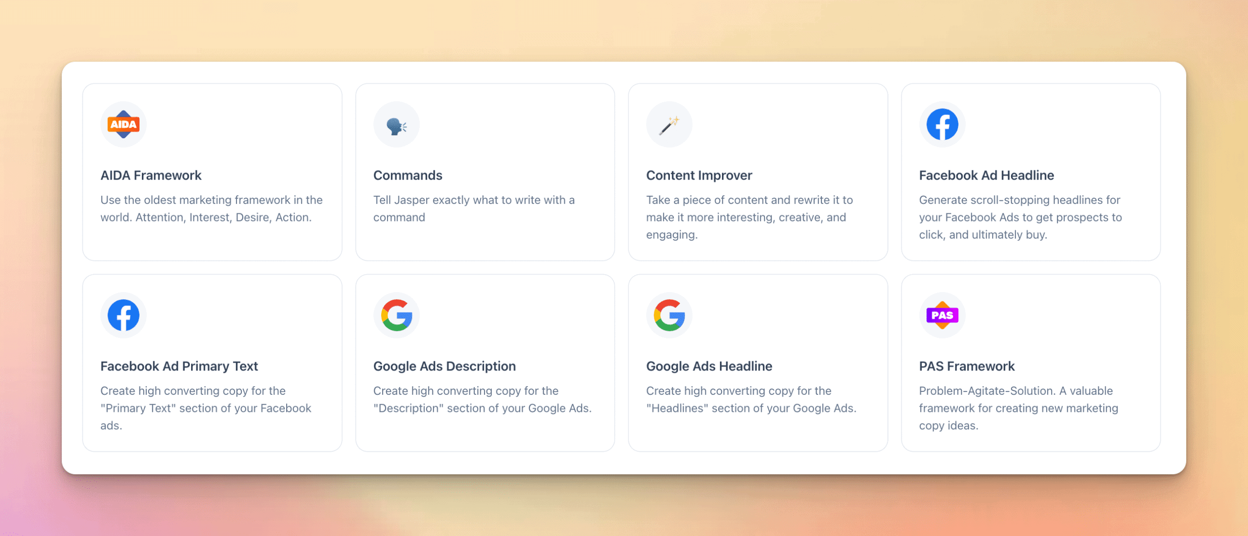 Advertising Templates in Jasper: AIDA, Commands, Content Improver, Ad Headlines, PAS Framework