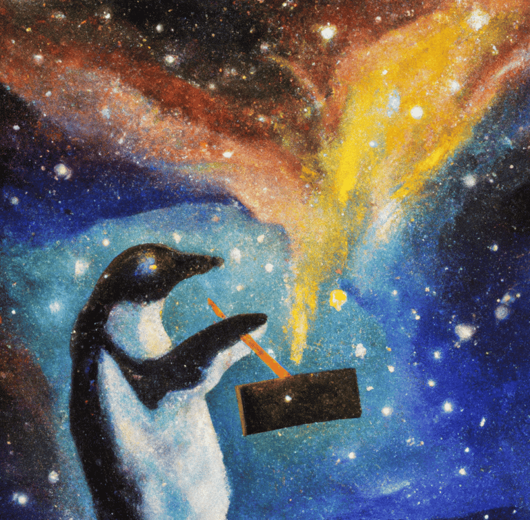 an-expressive-oil-painting-of-a-penguin-writing-on-a-piece-of-paper-depicted-as-an-explosion-of-a-nebula