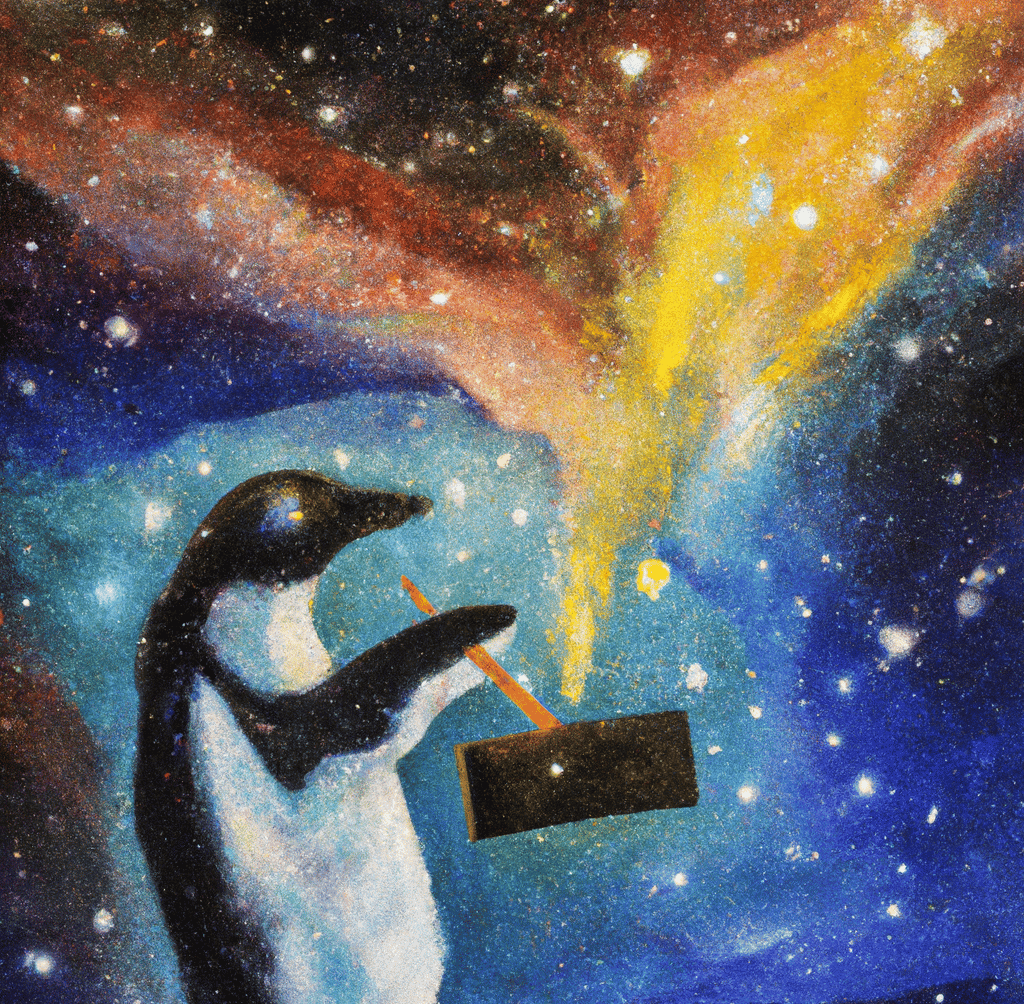 an-expressive-oil-painting-of-a-penguin-writing-on-a-piece-of-paper-depicted-as-an-explosion-of-a-nebula