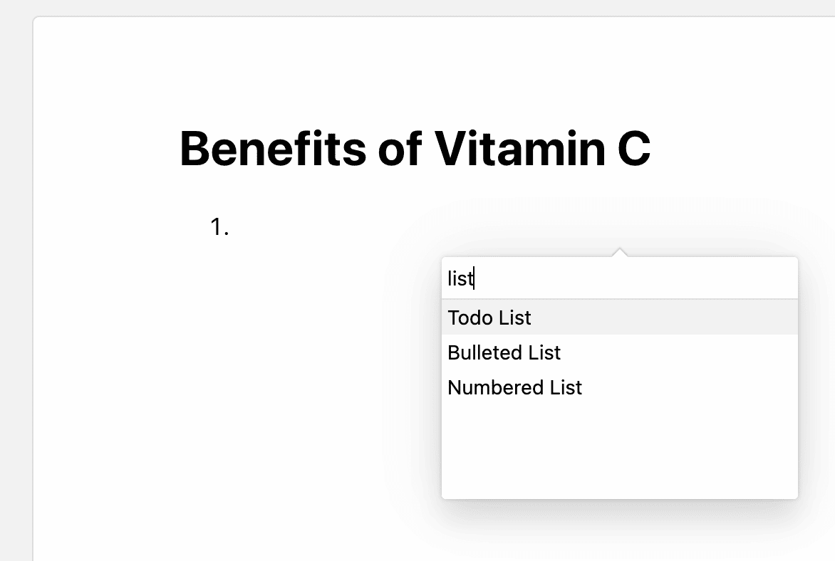 lex.page command menu showing todo list, bulleted list, and numbered list