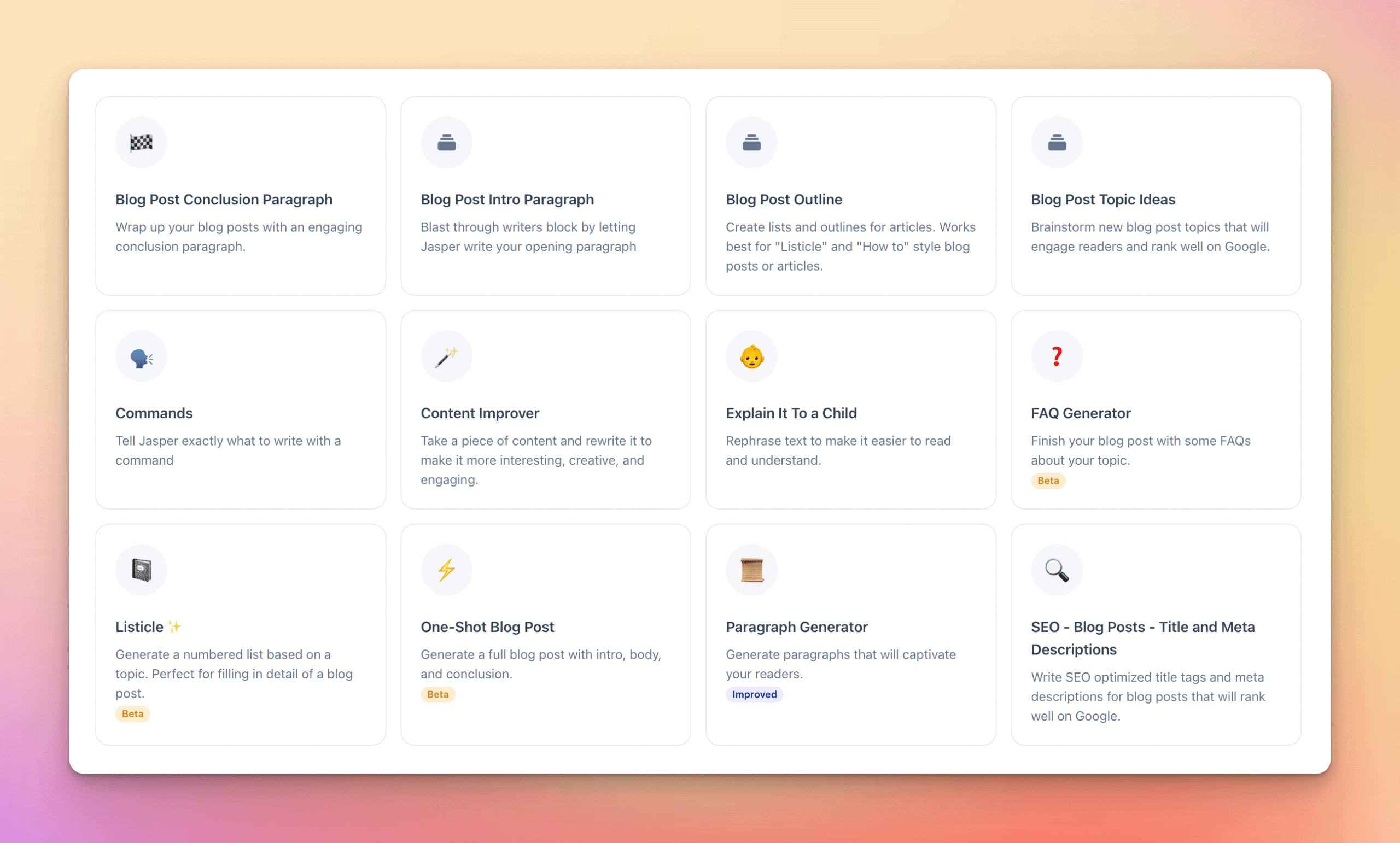 Content Writing Templates for Jasper: Blog post outline and paragraphs, content improver, explain to a child, FAQ generator, paragraph generator