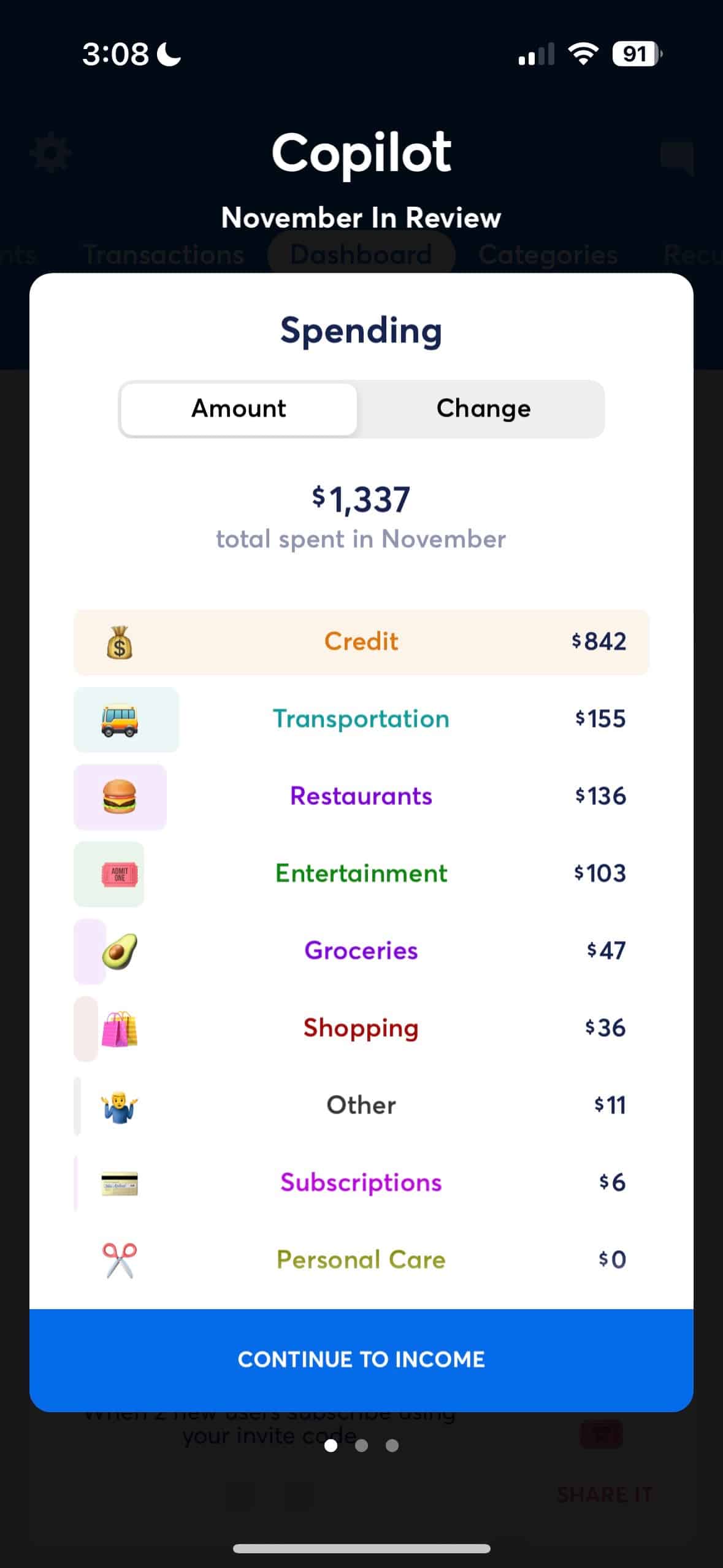 copilot spending review by category in mobile app