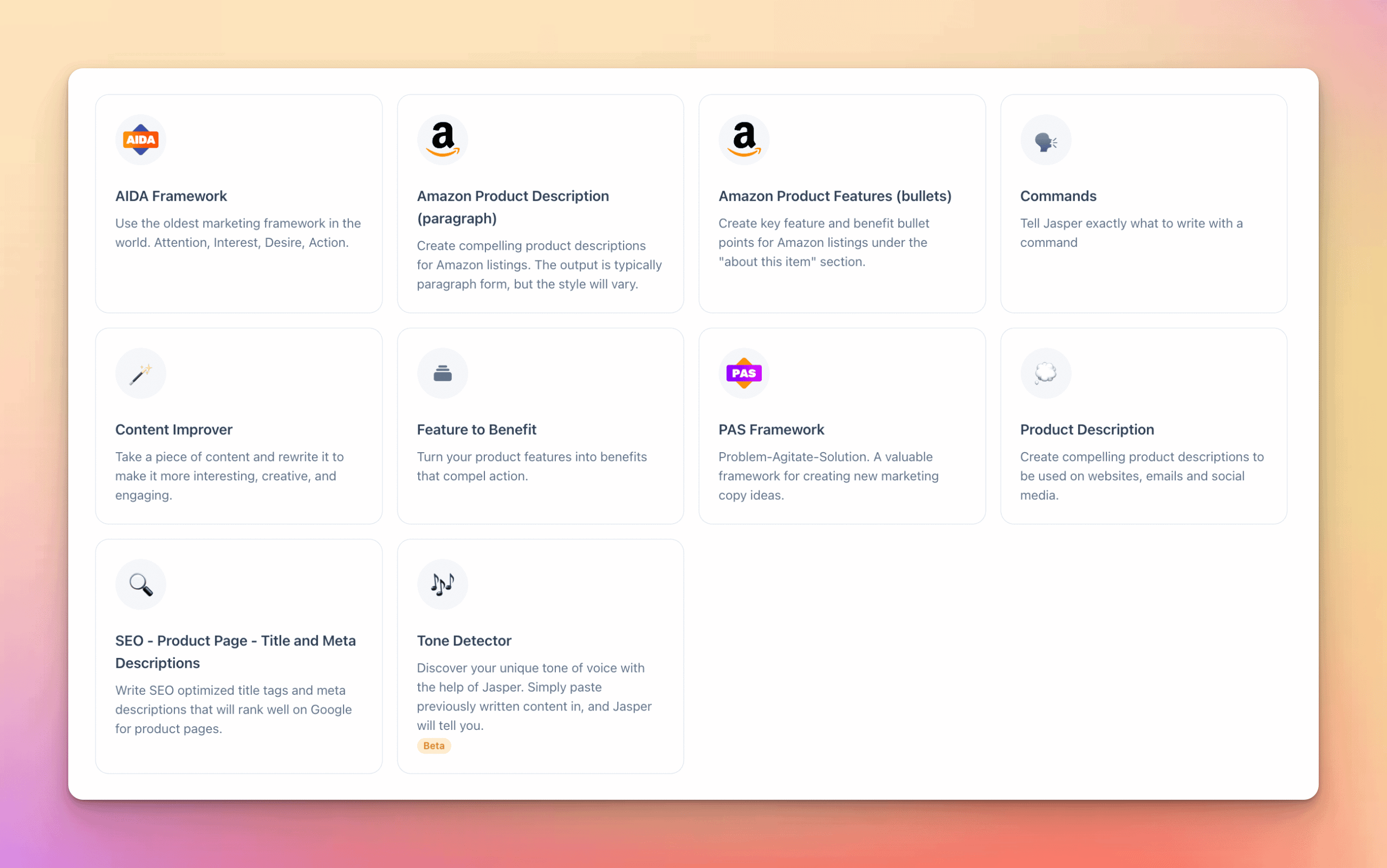 eCommerce Templates in Jasper: AIDA, Amazon, Commands, PAS, Product & SEO Descriptions